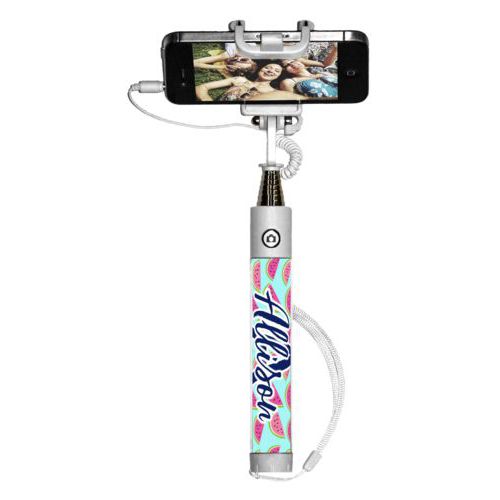 Personalized selfie stick personalized with fruit watermelon pattern and the sayings "A" and "Allison"