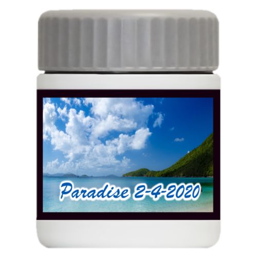 Personalized 12oz food jar personalized with photo and the saying "Paradise 2-4-2020"