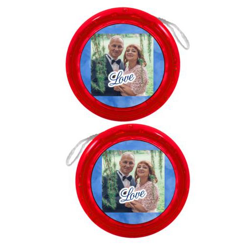 Personalized yoyo personalized with blue cloud pattern and photo and the saying "love"