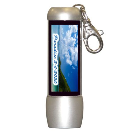 Personalized flashlight personalized with photo and the saying "Paradise 2-4-2020"