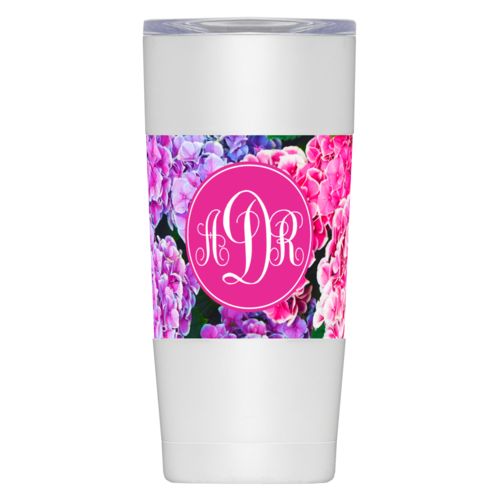 Personalized insulated steel mug personalized with hydrangea pattern and monogram in pink