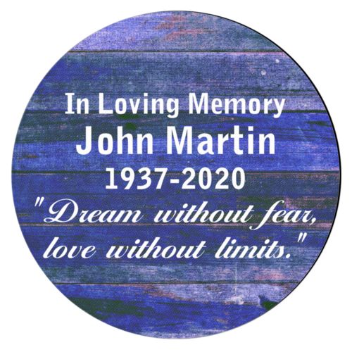 Personalized coaster personalized with royal rustic pattern and the saying "In Loving Memory John Martin 1937-2020 "Dream without fear, love without limits.""