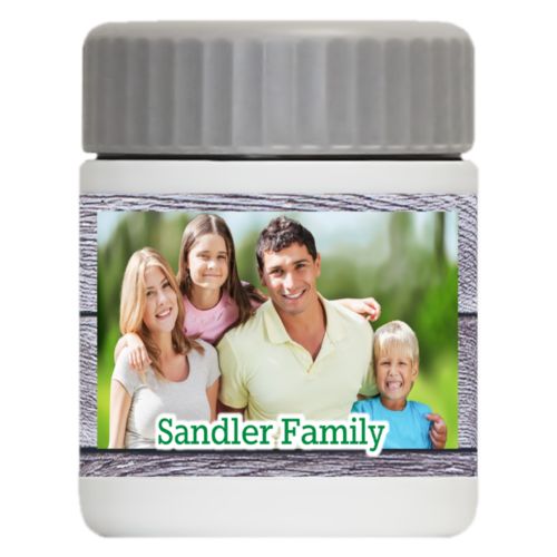 Personalized 12oz food jar personalized with grey wood pattern and photo and the saying "Sandler Family"