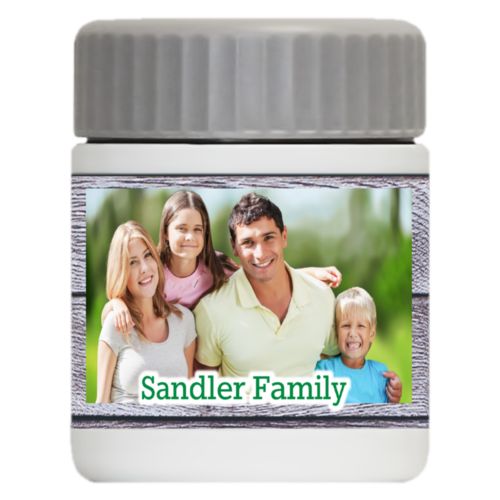 Personalized 12oz food jar personalized with grey wood pattern and photo and the saying "Sandler Family"