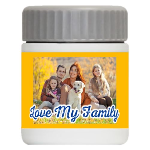 Personalized 12oz food jar personalized with photo and the saying "Love My Family"