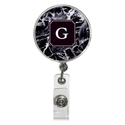 custom badge reels personalized with onyx pattern and initial in black  licorice