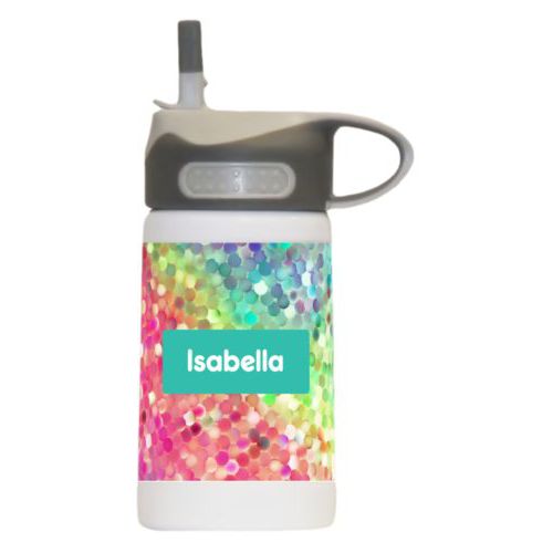 Boys water bottle personalized with glitter pattern and name in minty