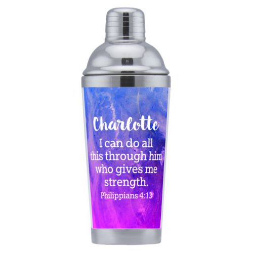 Coctail shaker personalized with ombre amethyst pattern and the saying "Charlotte I can do all this through him who gives me strength. Philippians 4:13"
