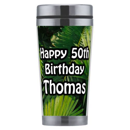 Personalized coffee mug personalized with plants fern pattern and the saying "Happy 50th Birthday Thomas"