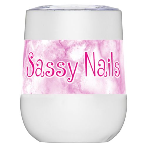 Personalized insulated wine tumbler personalized with pink marble pattern and the sayings "Sassy Nails" and "From hand to toe"