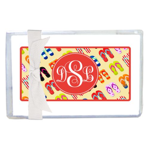 Personalized enclosure cards personalized with flip flops pattern and monogram in red orange