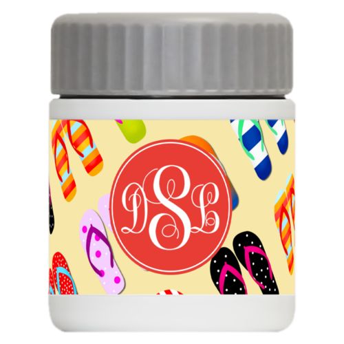 Personalized 12oz food jar personalized with flip flops pattern and monogram in red orange