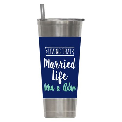 Personalized insulated steel tumbler personalized with the sayings "Neha & Adam" and "living that married life"