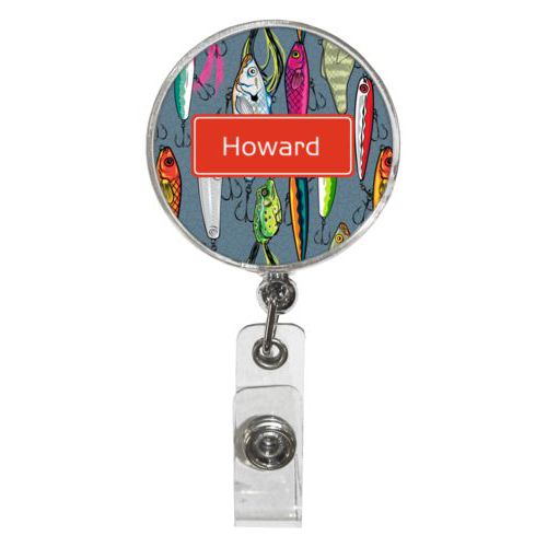 Personalized badge reel personalized with fishing lures pattern and name in strong red