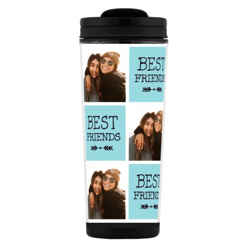 Custom tall coffee mug personalized with a photo and the saying "Best Friends" in black and robin's shell