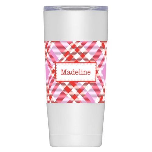 Personalized insulated steel mug personalized with tartan pattern and name in red punch and thistle