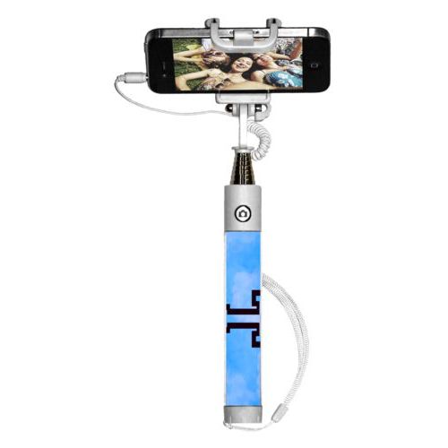 Personalized selfie stick personalized with light blue cloud pattern and the saying "T"