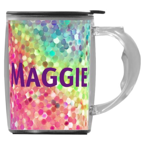 Custom mug with handle personalized with glitter pattern and the saying "Maggie"