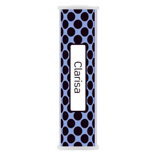 Personalized backup phone charger personalized with dots pattern and name in black and serenity blue