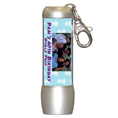 Personalized flashlight personalized with welcome pattern and photo and the saying "Pam's 40th Birthday Girls Trip"