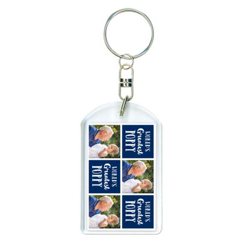 Personalized keychain personalized with a photo and the saying "World's Greatest Poppy" in navy blue and white