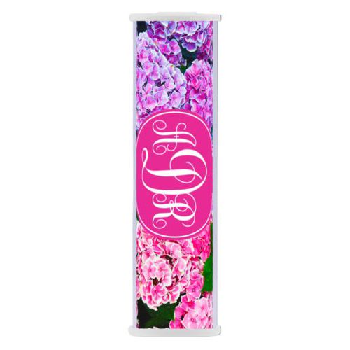 Personalized backup phone charger personalized with hydrangea pattern and monogram in pink