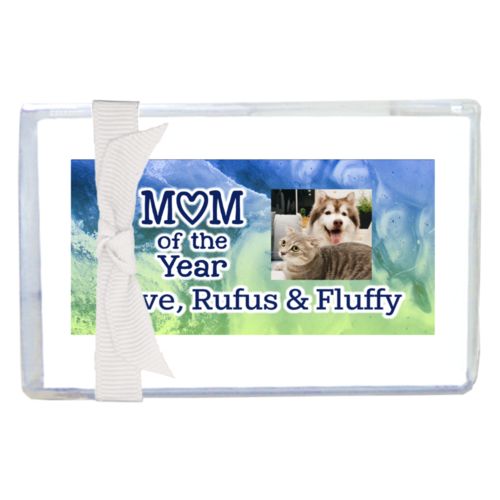 Personalized enclosure cards personalized with ombre quartz pattern and photo and the sayings "Mom of the Year" and "Love, Rufus & Fluffy"