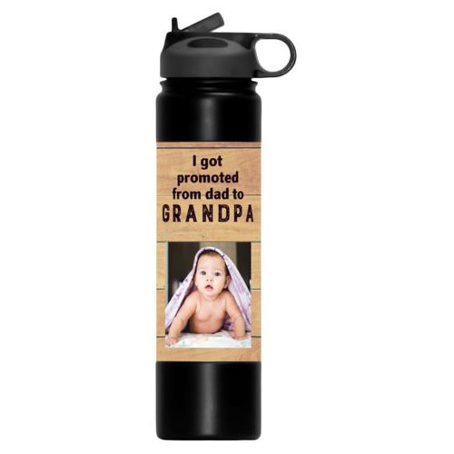 Thermal water bottle personalized with natural wood pattern and photo and the saying "I got promoted from dad to grandpa"