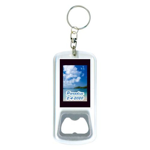 Personalized bottle opener personalized with photo and the saying "Paradise 2-4-2020"
