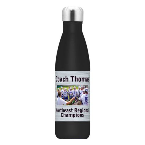 Personalized stainless steel water bottle personalized with steel industrial pattern and photo and the sayings "Coach Thomas" and "Northeast Regional Champions"