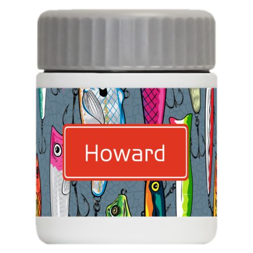 Personalized 12oz food jar personalized with fishing lures pattern and name in strong red