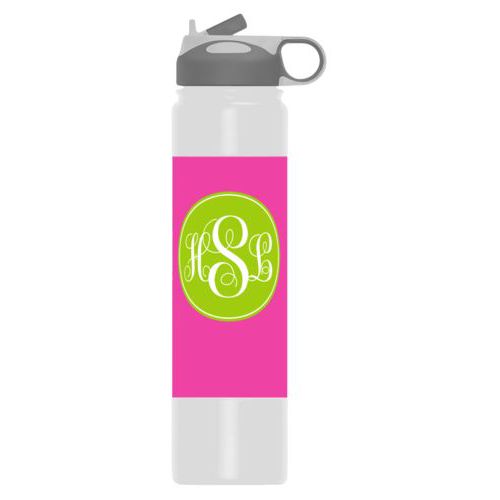Insulated water bottle personalized with concaved pattern and monogram in juicy green and juicy pink