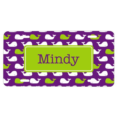 Custom license plate personalized with whales pattern and name in orchid and juicy green