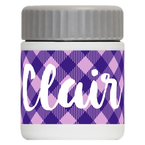Personalized 12oz food jar personalized with check pattern and the saying "Clair"
