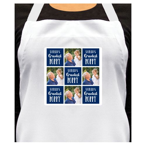 Personalized apron personalized with a photo and the saying "World's Greatest Poppy" in navy blue and white