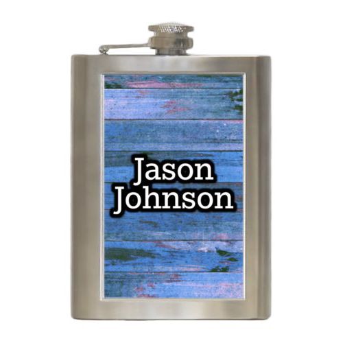 Personalized 8oz flask personalized with sky rustic pattern and the saying "Jason Johnson"