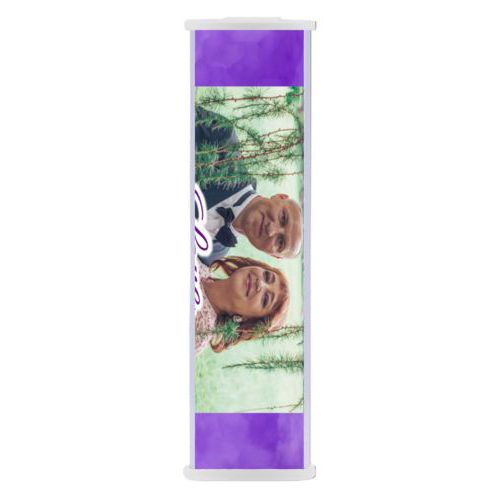 Personalized backup phone charger personalized with purple cloud pattern and photo and the saying "love"