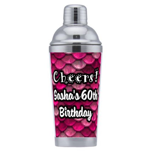Coctail shaker personalized with pink mermaid pattern and the saying "Cheers! Sasha's 60th Birthday"