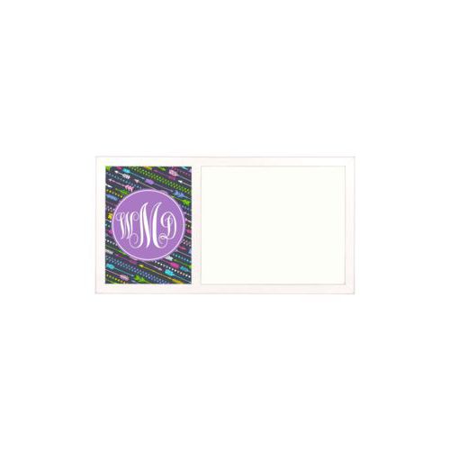 Personalized white board personalized with arrows pattern and monogram in purple powder