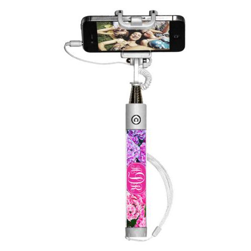 Personalized selfie stick personalized with hydrangea pattern and monogram in pink