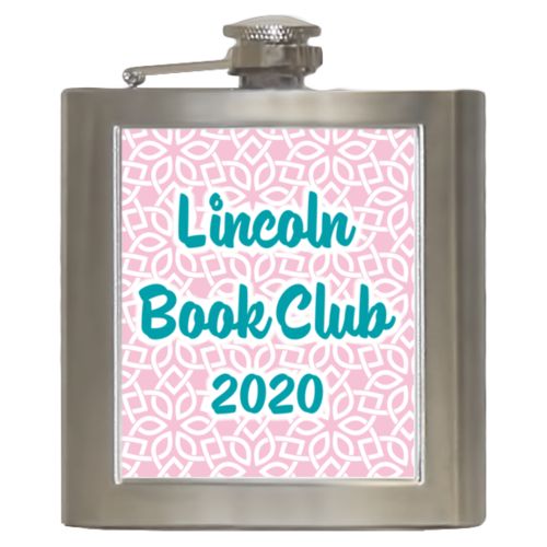 Personalized 6oz flask personalized with lattice pattern and the saying "Lincoln Book Club 2020"
