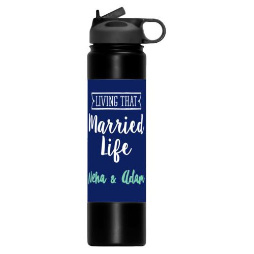 Large insulated water bottle personalized with the sayings "Neha & Adam" and "living that married life"