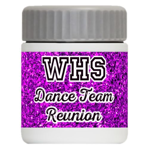 Personalized 12oz food jar personalized with fuchsia glitter pattern and the saying "WHS Dance Team Reunion"