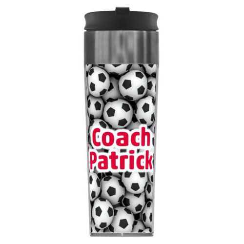 Personalized steel mug personalized with soccer balls pattern and the saying "Coach Patrick"