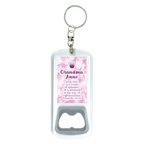Personalized bottle opener personalized with pink marble pattern and the sayings "Grandma Anne Gray hair is a crown of splendor; It is attained in the way of righteousness. Proverbs 16:31" and "Crown"