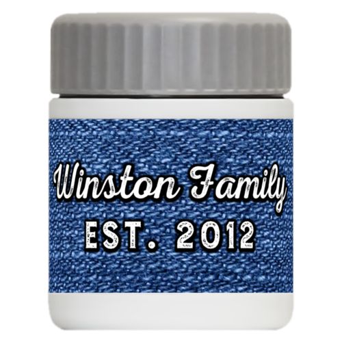 Personalized 12oz food jar personalized with denim industrial pattern and the saying "Winston Family Est. 2012"