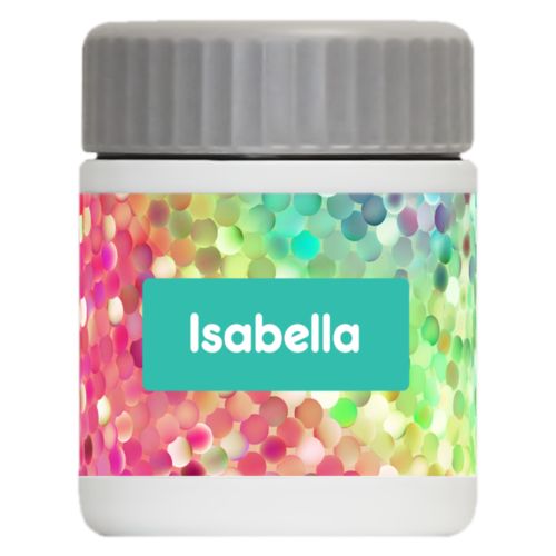 Personalized 12oz food jar personalized with glitter pattern and name in minty