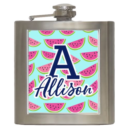 Personalized 6oz flask personalized with fruit watermelon pattern and the sayings "A" and "Allison"