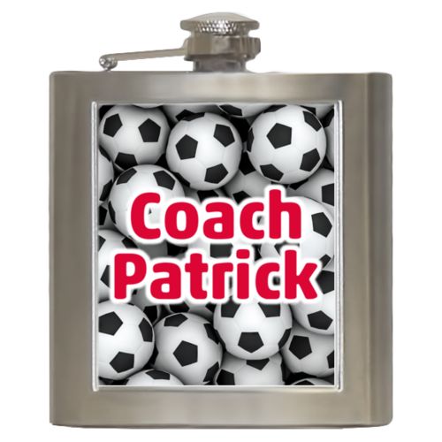 Personalized 6oz flask personalized with soccer balls pattern and the saying "Coach Patrick"