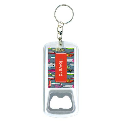 Personalized bottle opener personalized with fishing lures pattern and name in strong red
